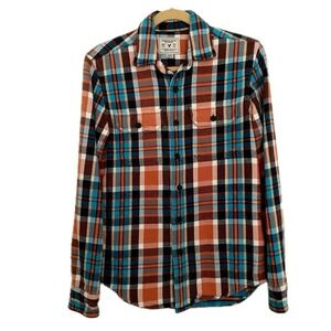 American Eagle Outfitters Plaid Flannel Button Up Shirt Shacket Orange‎ Blue XS